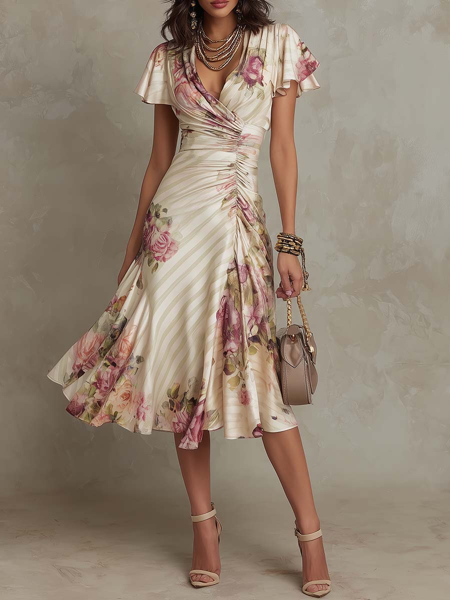Macy | Elegante midi-jurk met retrobloemenprint