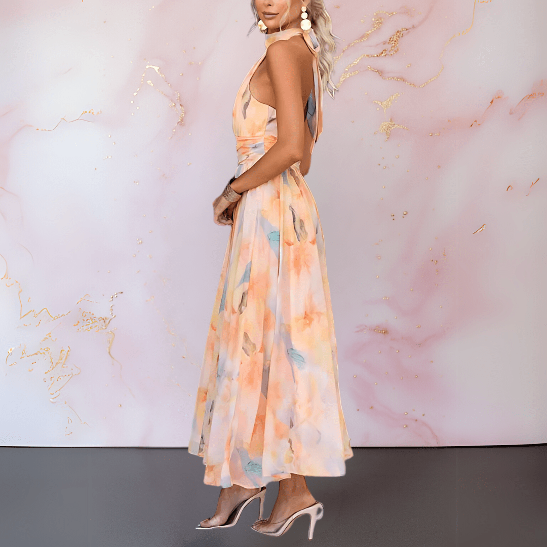 Maddison | Jurk met halternek en aquarelprint