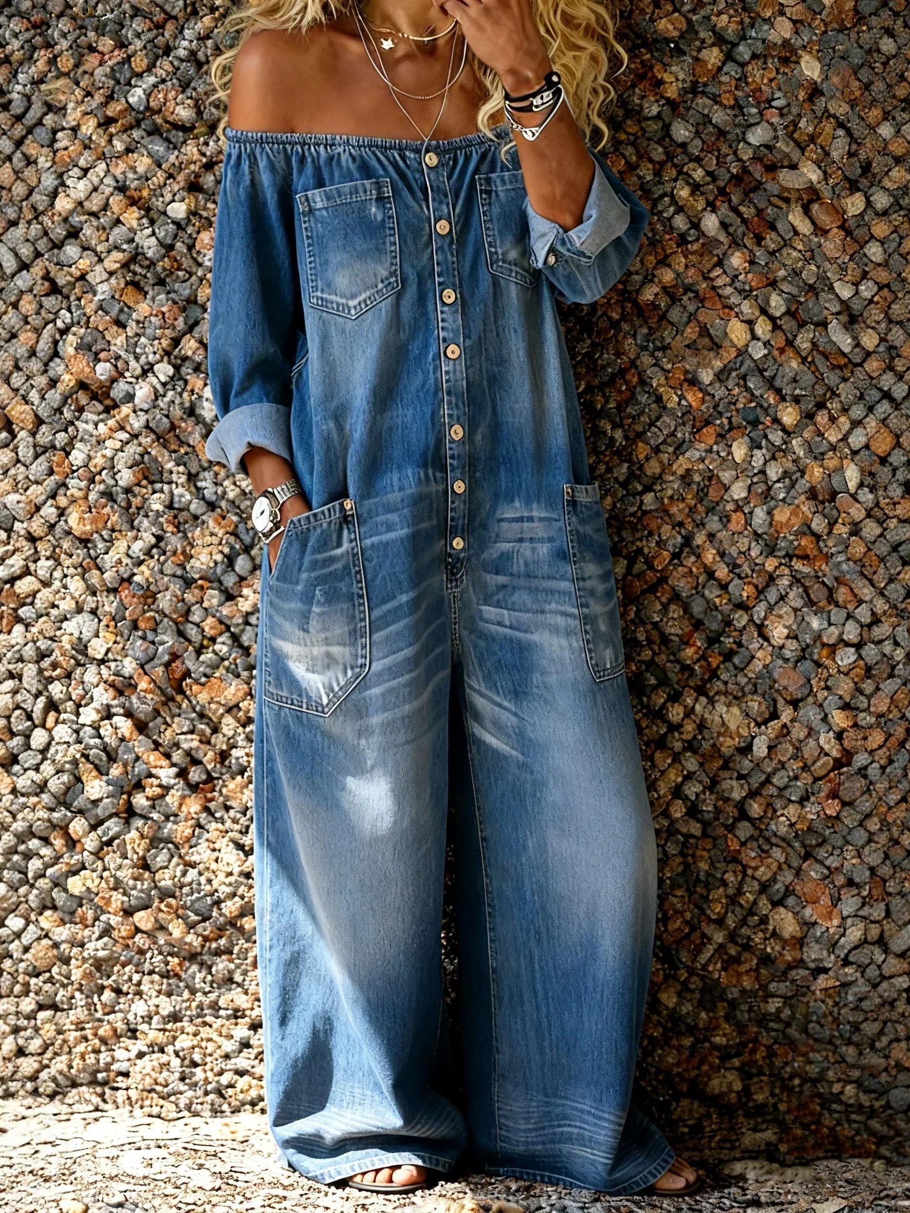 Jesyka | Denim Jumpsuit met Off-Shoulder Halslijn