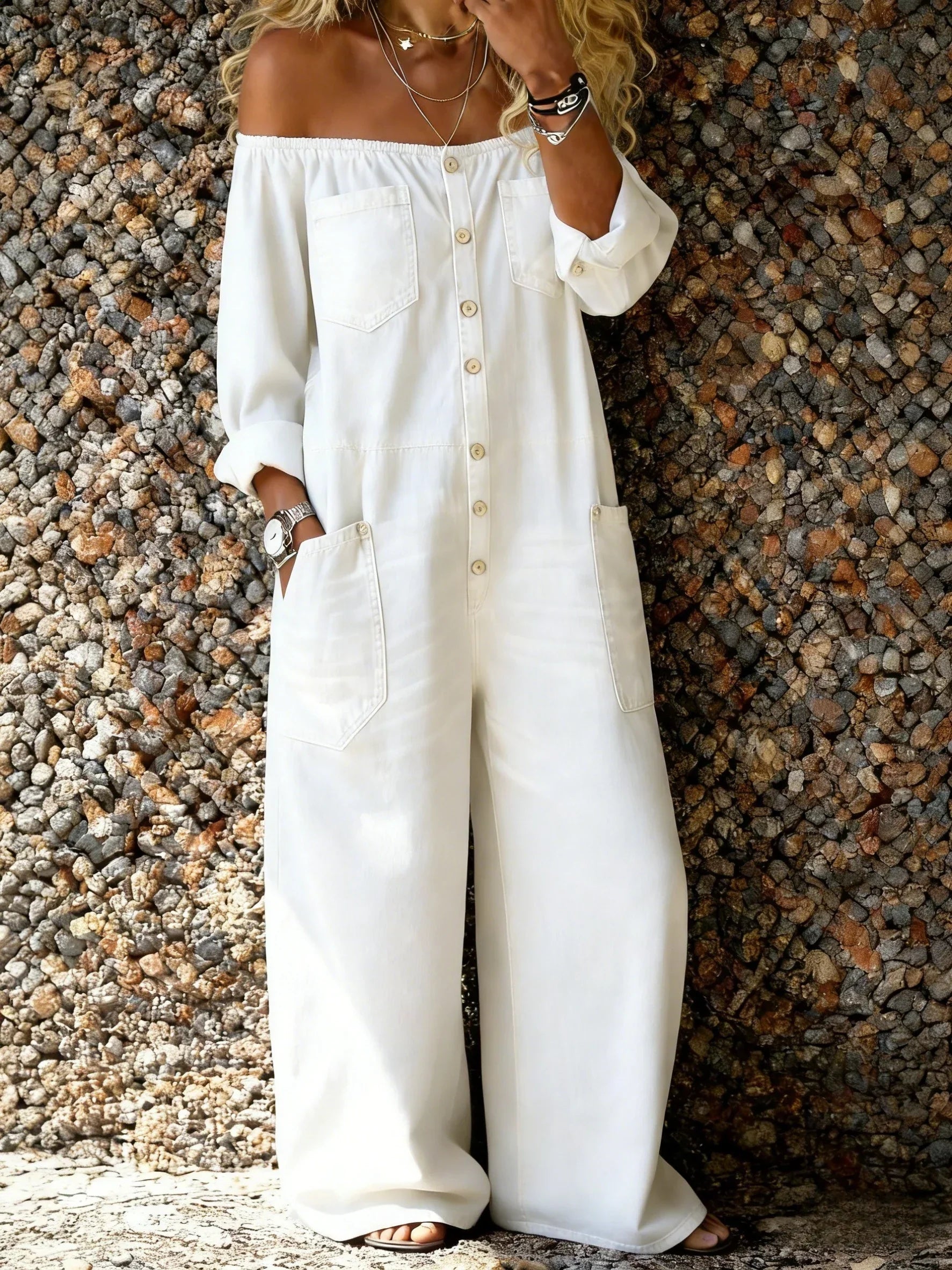 Aira | Denim Jumpsuit met Off-Shoulder Halslijn