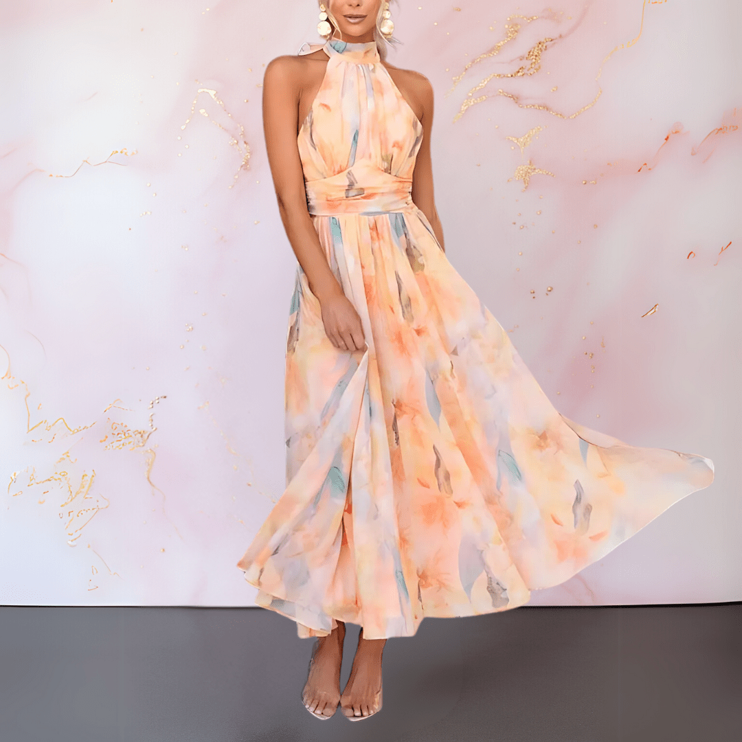 Maddison | Jurk met halternek en aquarelprint