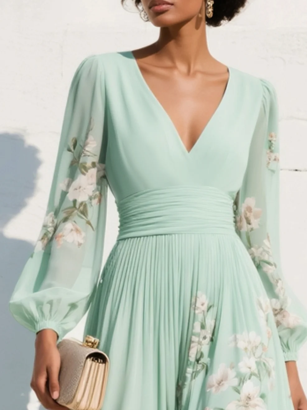 Arianna | Lichtgroene midi-jurk met v-hals en geplooide bloemenprint