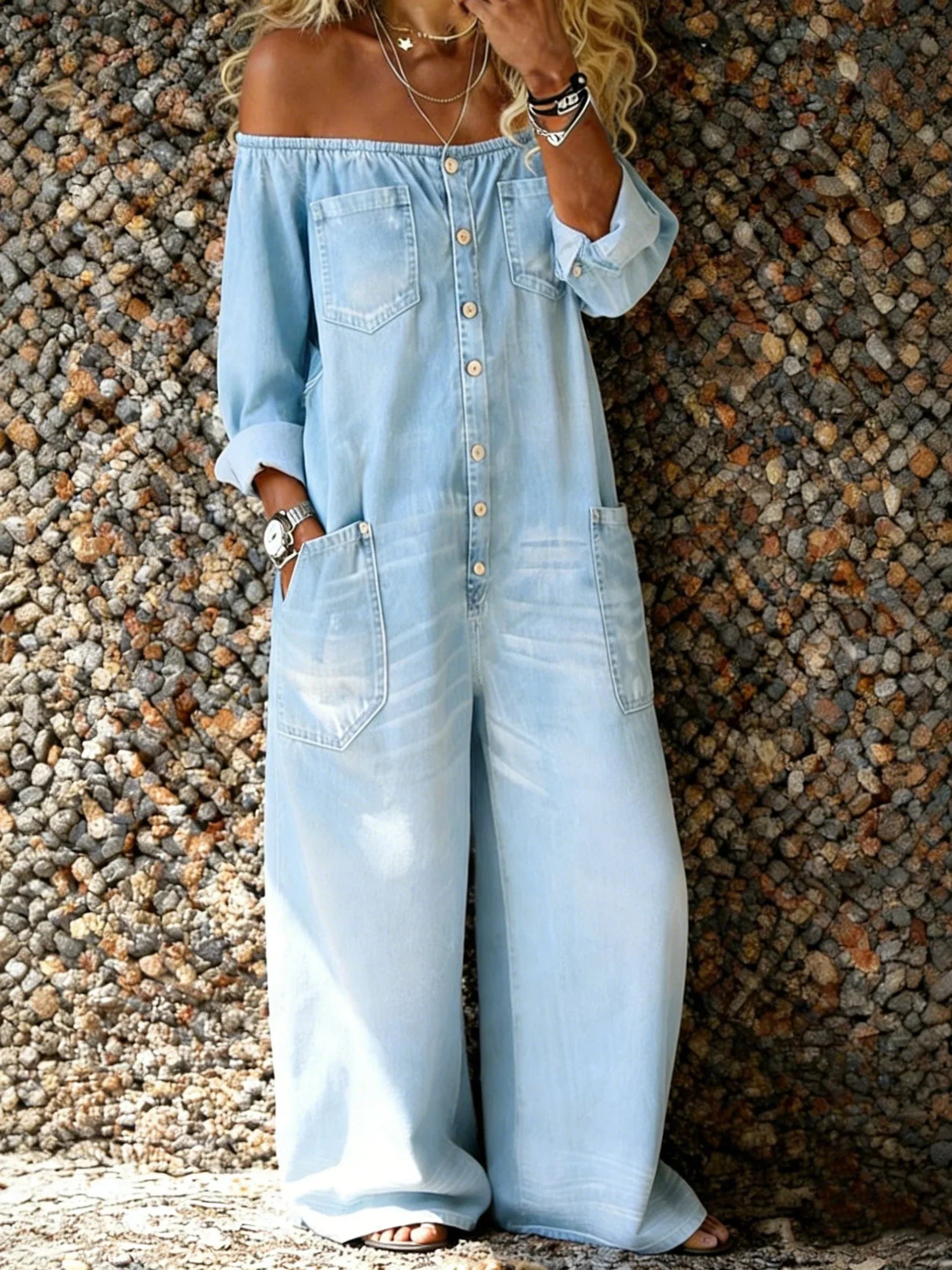 Sasha | Denim Jumpsuit met Off-Shoulder Halslijn