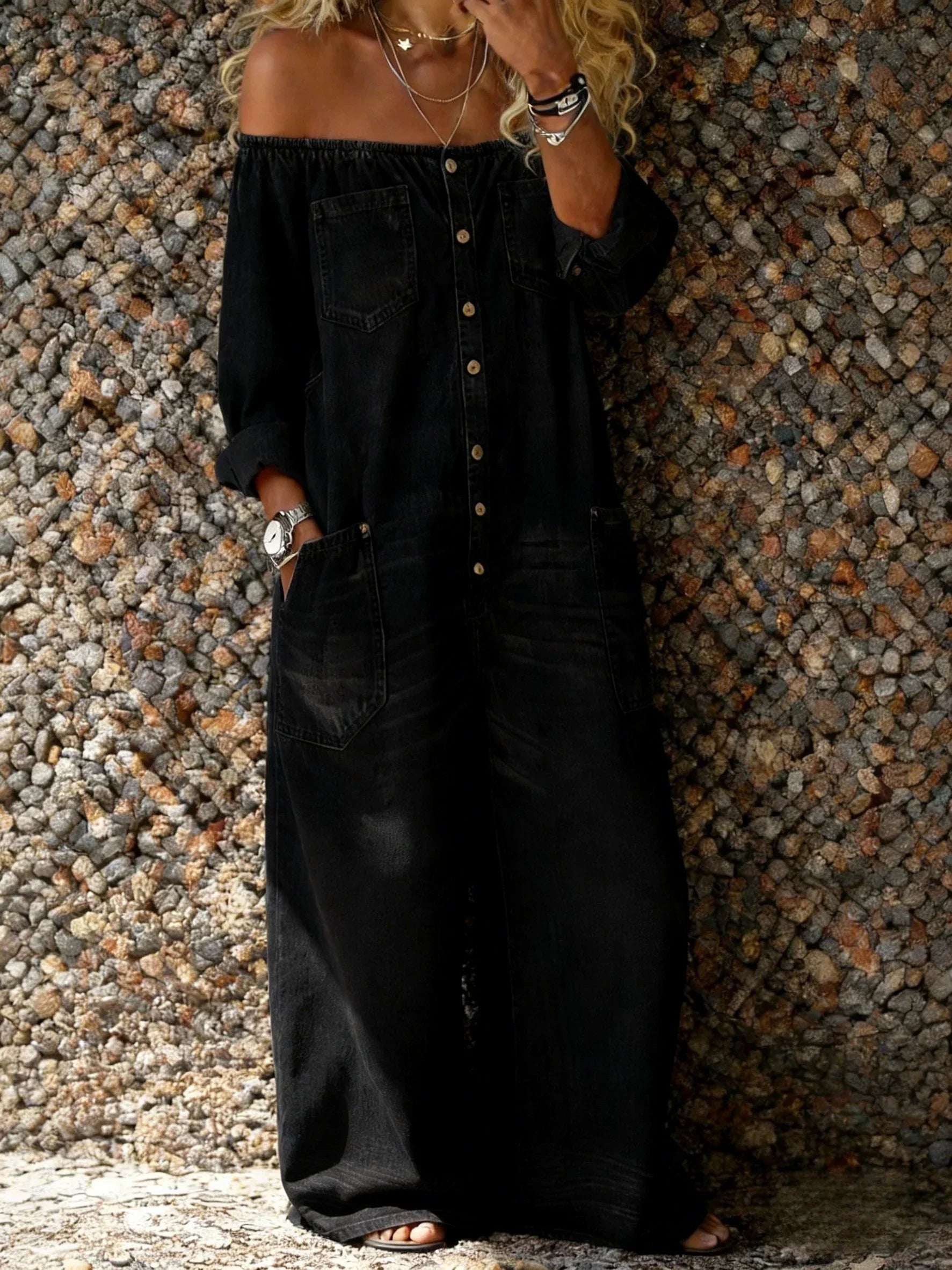 Jesyka | Denim Jumpsuit met Off-Shoulder Halslijn